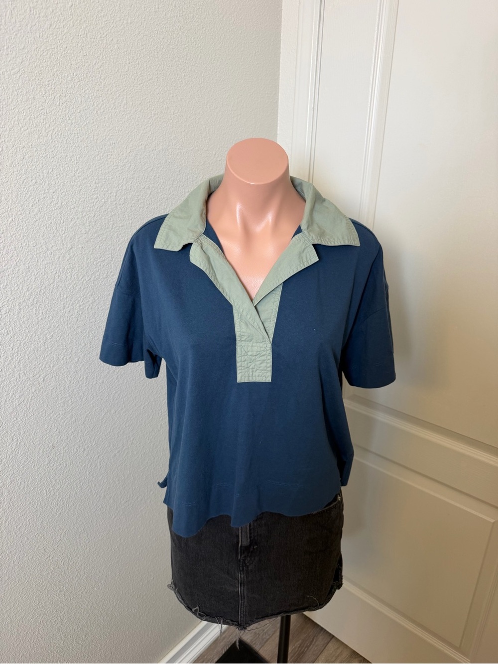 Everlane Navy Short-Sleeve Polo with Sage Green Collar